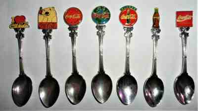 VINTAGE COCA COLA MINIATURE SILVER SPOONS LOT OF 7 4-1/4  TO  4-1/2 INCHES LONG