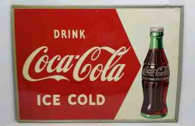Vintage Drink Coca Cola Ice Cold Painted Tin Arrow Coke Bottle Sign #2 MCA 28x20