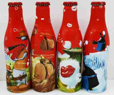 *X HTF! Full Happiness Factory Aluminum Coca Cola 4 Bottle Set Alu Coke Benelux