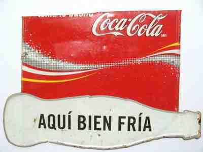 Latin Coca Cola ½tin embossed 2 sided spanish sign Costa Rica white coke bottle 