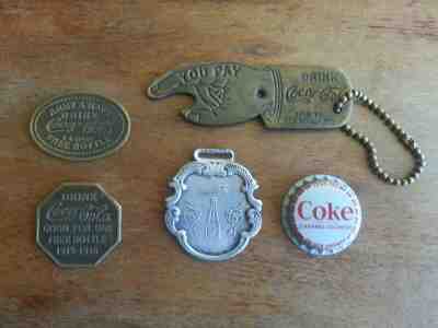 Estate drawer Lot of 5 Coke items Coca-Cola bottle Opener Tokens Cap Watch Fob