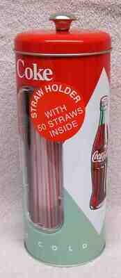 RETRO COCA-COLA ICE COLD STRAW HOLDER TIN WITH 50 STRAWS - NEW