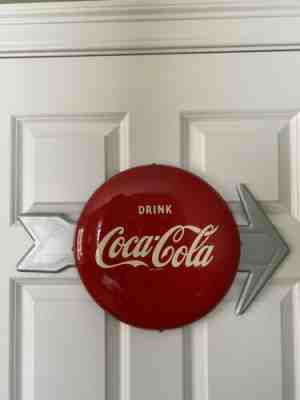 1949 Coke 12” Button Sign With Arrow-near Mint - Coca-Cola Original Tin Metal