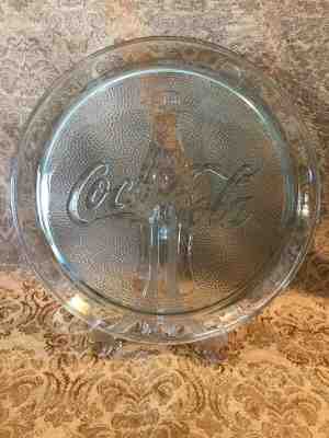 COCA COLA 13" Round Green Glass Serving Tray Platter Plate Coke Bottle Design