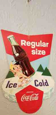 Vtg Original Coca Cola Elf Regular Size Fan Pull Die Cut Hanging Sign 1956