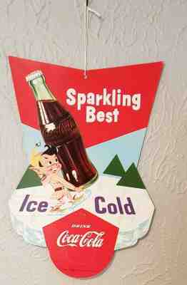 Vtg Original Coca Cola Elf Sparkling Best Fan Pull Die Cut Hanging Sign 1956