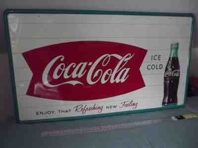 RARE 50'S 60's LARGE 55.5" X 32" COCA COLA FISHTAIL TIN SIGN ORIGINAL ROBERTSON