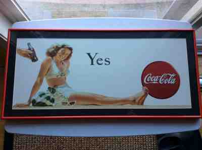 ORIGINAL VTG COCA-COLA 1946 YES GIRL CARDBOARD SIGN 27 X 11 1/4" MINT & FRAMED