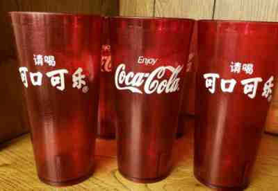  Coke Coca Cola (5).RARE HTF!! CHINESE LETTERING  Red Plastic Tumblers Cups 16oz