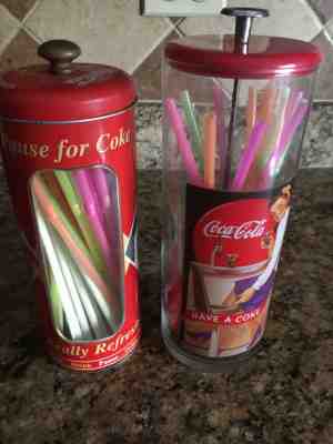 (2)HAVE A COKE - Coca Cola Glass Straw Holder and Tin straw holder