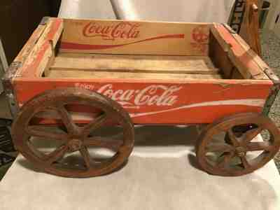 Vintage Handmade  wooden Coca Cola crate wagon / plant stand /table - well made!