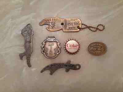 Estate drawer Lot of 6 Coke items Coca-Cola Bottle Opener Tokens Cap Watch Fob