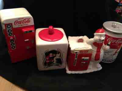 Coca Cola Porcelain Cookie Jars (4) Vending Machine, Santa, Polar Bear & Can!