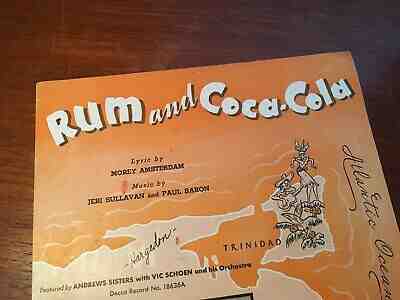 Coca Cola 1944 Rum And Coca-Cola Andrew Sisters Sheet Music Paper Folder