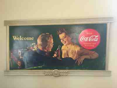 Vintage 1943 "Welcome" Coca-Cola Cardboard Sign 27"X56" with Custom Wood Frame