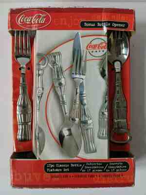 Coca Cola 17 Pc Classic Bottle Flatware Silverware Set With Bonus Bottle Opener