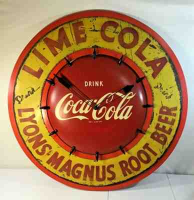Vintage Advertising Coca-Cola Clock Sign w/ Coke Bottles Lyons Magnus Root Beer