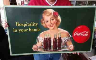 VINTAGE ORIGINAL 1949 COCA-COLA LITHO CARDBOARD ADVERTISING SIGN GIRL W/Tray
