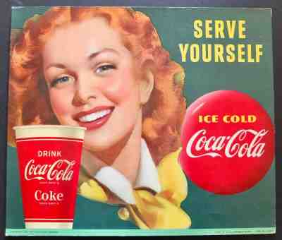 Vintage Original 1949 Coca Cola Advertising Sign "Shop Refreshed" Lithograph