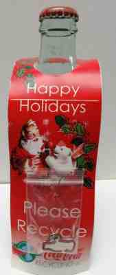 VERY RARE-INTERNAL HAPPY HOLIDAYS 8 OZ RECYCLE COCA-COLA BOTTLE W/PIN- EXCELLENT
