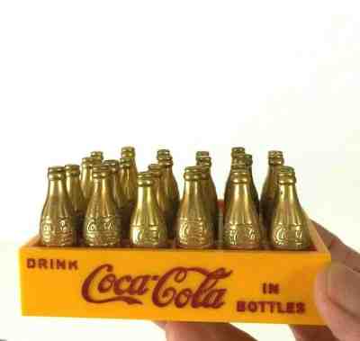 Vtg 50s Miniature Coca Cola Metal Bottles 24 Pack Crate Gold Coke Mid Century