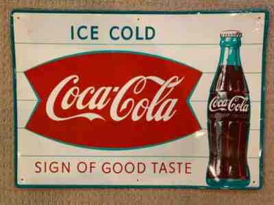 VINTAGE ORIGINAL COCA-COLA TIN SIGN BOTTLE BOWTIE DOUBLE FISHTAIL ICE COLD COKE