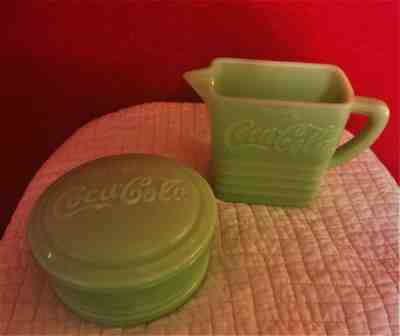 LOT (2) COCA COLA STAMPED Green JADEITE RIBBED CREAMER AND LIDDED DISH TRINKET!