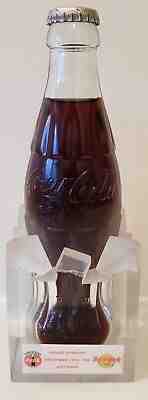 COCA COLA BOTTLE 95 HARD ROCK CAFE ANTWERP GRAND OPENING BOTTLE  LUCITE STAND 