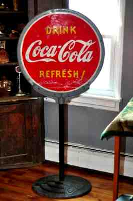 Vintage Coke Lollipop Porcelain Sign & original Cast Iron Stand