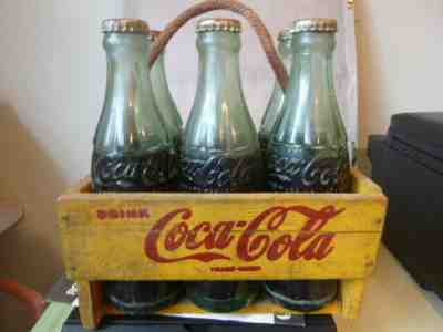 VINTAGE WOOD CARRIER-6 ORIGINAL BOTTLES OF COCA COLA-FILLED