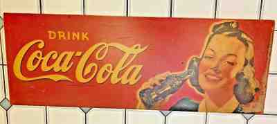 RARE 1940's Coca Cola Bottle Girl Masonite sign 55 1/2" x 20" Iconic Bottle Girl