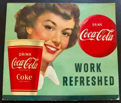 Vintage Original 1951 Coca Cola Advertising Sign "Work Refreshed" Lithograph