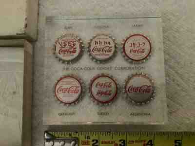 Lucite Paperweight Coca Cola Export Corp. 6 Foreign Bottle Caps