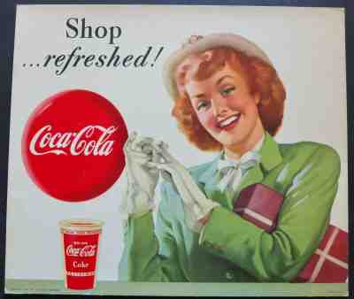 Vintage Original 1949 Coca Cola Advertising Sign "Shop Refreshed" Lithograph