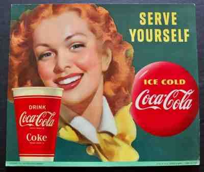 Vintage Original 1951 Coca Cola Advertising Sign "Serve Yourself" Lithograph