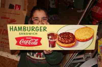 Vintage c1960 Coca Cola Fishtail Hamburger Sandwich Soda Pop Restaurant 22" Sign