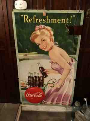 1940’s Coca Cola "Refreshment" Pinup Girl Litho Cardboard Sign
