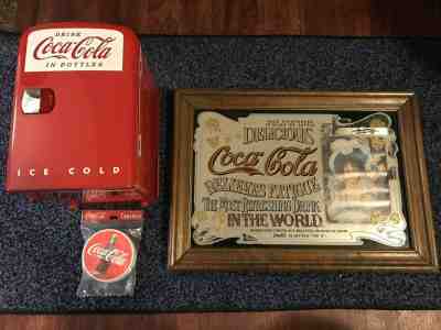 LOT 4 Coca Cola Retro Mini Fridge 6 Can Cooler/Warmer, Bucket, Mirror & Coasters