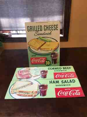 COCA COLA 1949, 1957-3 soda fountain diner display signs Grilled Cheese, Ham