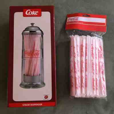  Coca Cola Straw Dispenser Glass Holder W/Straws, Plus Pack of Additional Straws