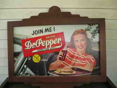 Dr Pepper Framed Cardboard Sign Join Me Wooden Frame 1940s 10 2 and 4
