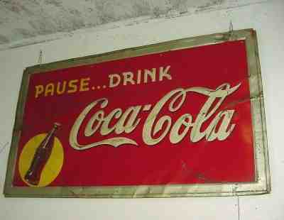 100% ORIGINAL 1938 Vintage PAUSE.DRINK COCA COLA Old Graphic 59x35 inch Tin Sign