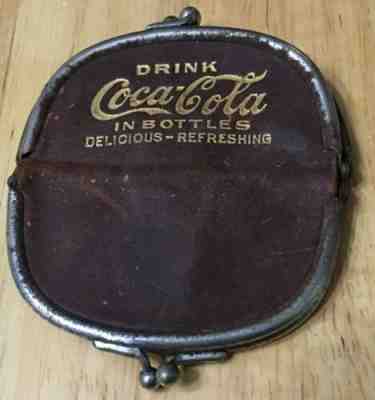 Antique Coca Cola Leather Coin Change Purse W/ Silver Dime Qtr. Coins Rare Coke