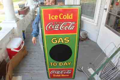 Large Coca Cola Gas To-Day Soda Pop Gas Station Price 52" Porcelain Metal Sign