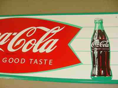NEAR MINT 1964 Vintage COCA COLA Old Fishtail Logo & Bottle 32x12 inch tin Sign