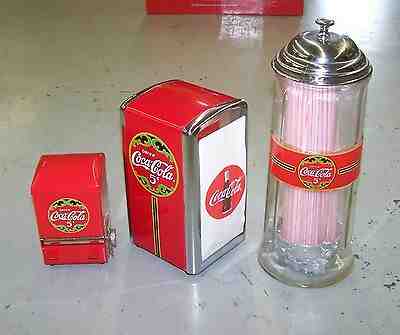 COCA COLA 50s DINER COUNTER SET NAPKIN, STRAW & TOOTHPICK DISPENSER ALL 3 MIB