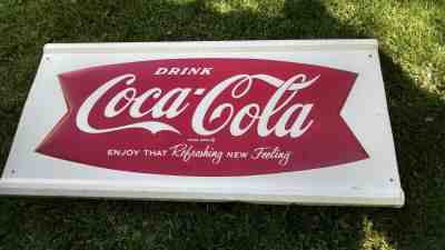 c1950s lg 50 x 28 Coca Cola fishtail logo sign w raised border on top and bottom