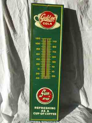 Golden Girl Cola /  Sun Drop Soda Embossed Metal Advertising Thermometer Vintage