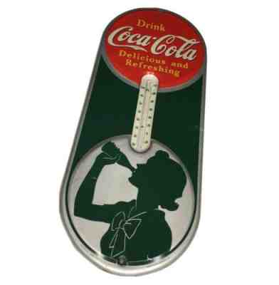 VINTAGE COCA COLA THERMOMETER SIGN Advertising Silhouette Girl 1939 Original VGC