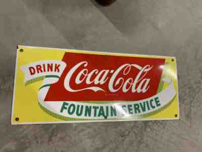 Vintage Clean Minty Coca-Cola Fountain Service Porcelain Sign GAS OIL SODA 28x12